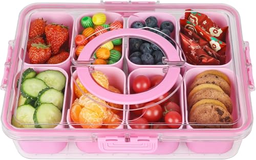 HNNJCK Snackbox mit Fächern, Snackschaller mit Deckel und Griff,Tragbar Snackbox Organizer für Süßigkeiten Obst Keksen Dessert Gemüse Nüsse (Rosa) von HNNJCK