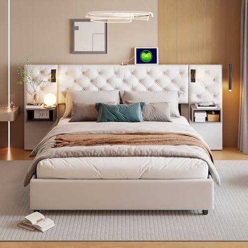 HNOUER Doppelbett Polsterbett 140x200 cm mit LED und mit USB Typ-C Ladefunktion, Boxspringbett mit Stauraum und Lattenrost Funktionsbett Bettgestell, Samt,Beige,Ohne Matratze (140x200 cm) von HNOUER