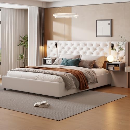 HNOUER Doppelbett Polsterbett 140x200 cm mit LED und mit USB Typ-C Ladefunktion, Boxspringbett mit Stauraum und Lattenrost Funktionsbett Bettgestell, Samt,Beige,Ohne Matratze (160x200 cm) von HNOUER