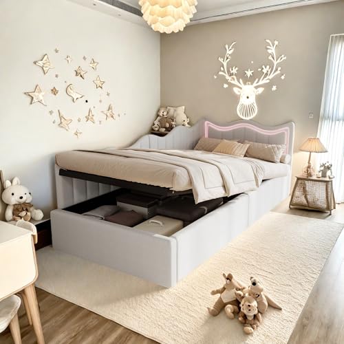 HNOUER Kinderbett 90x200 cm mit Lattenrost,Einzelbett 90x200 mit LED und Kopfteil Polsterbett 90x200 mit Stauraum tagesbett Massivholz Bettgestell mit Lattenrost,Ohne Matratze (Weiß) von HNOUER