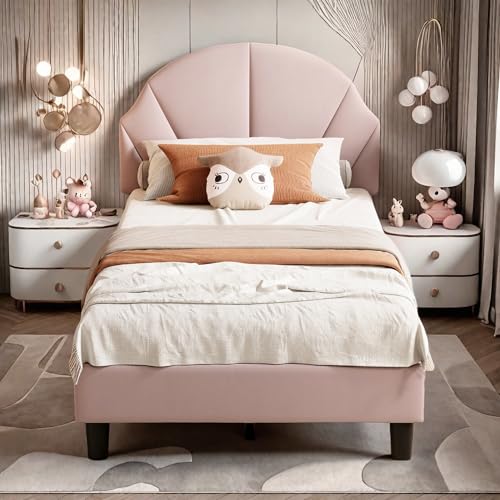 HNOUER Kinderbett Bett 90x200 cm mit Lattenrost, gepolstertes Bett für Mädchen, Bettgestell 90x200 cm für Kinder,Verstellbares KopfteilEinzelbett Jugendbett Samt,Ohne Matratze (Rosa) von HNOUER