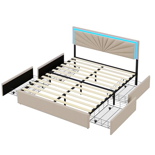 HNOUER Polsterbett Doppelbett 140x200 cm mit LED,Stauraumbett mit Stauraum und Lattenrost, Bettrahmen mit 4 Schubladen und Kopfteil Funktionsbett,Beige,ohne Matratze von HNOUER