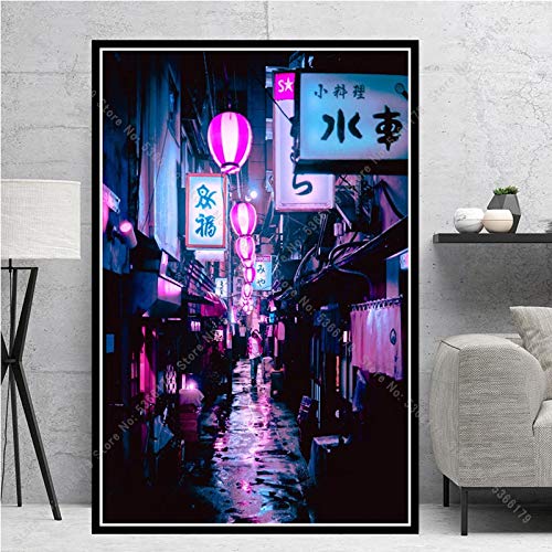 HNTHBZ Poster Japan Tokyo City Night Stadtbeleuchtung Landschaftsmalerei Wand-Kunst-Garten Bild Living Home-Raum-Dekor (Color : Purple, Size (Inch) : 50x70 cm No Frame) von HNTHBZ