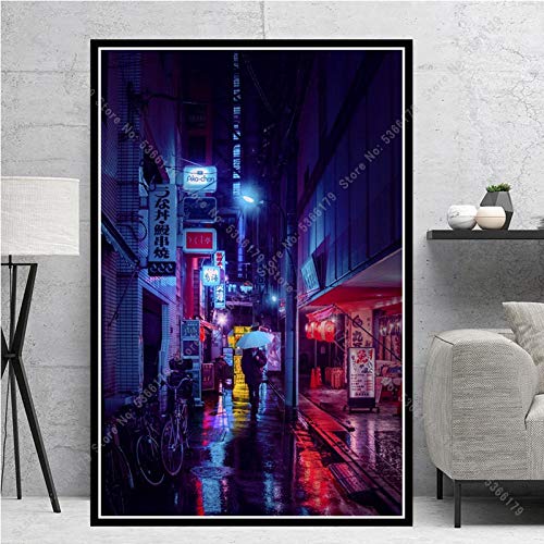 Poster Japan Tokyo City Night Stadtbeleuchtung Landschaftsmalerei Wand-Kunst-Garten Bild Living Home-Raum-Dekor (Color : Burgundy, Size (Inch) : 59x84 CM No Frame) von HNTHBZ