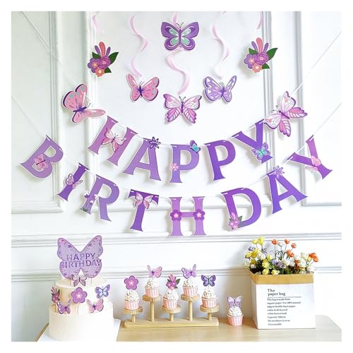 Happy Birthday Girlande Lila Schmetterling Banner Hängen Wirbelt Girlande Kuchen Topper Party Dekoration Lieferungen von HNULGVI