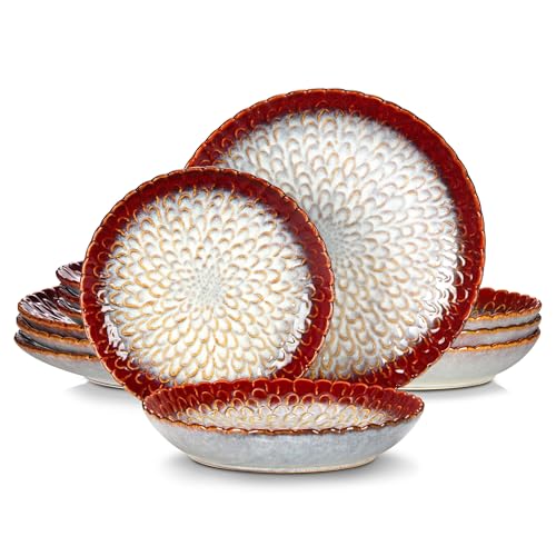 geschirrset Geschirr Keramik 12/24 stück Steingut Strukturierte Kombination Set Service for 6/12 Person(Red,24 pcs) von HNULGVI