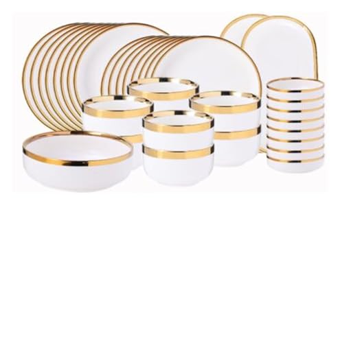 geschirrset Gold Helle Weiße Porzellan Abendessen Sets Keramik Schüssel Teller Set Geschirr for Haushalt Hotel(Bright 8people set) von HNULGVI