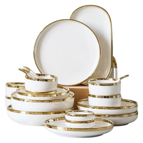 geschirrset Gold Helle Weiße Porzellan Abendessen Sets Keramik Schüssel Teller Set Geschirr for Haushalt Hotel(Bright B2people set) von HNULGVI