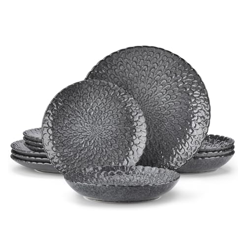 geschirrset Graues Geschirr aus Keramik, 12/24-teilig, Steingut-Geschirr, strukturiertes Keramik-Kombinationsset, Service for 6/12 Personen(Grey,12 pcs) von HNULGVI