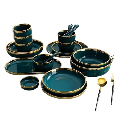 geschirrset Grün mit goldenen Platten, komplettes Set, Steak-Tablett, Keramik-Abendessen, Salatschüssel, Löffel, Porzellan-Geschirr(A8 set(35pcs)) von HNULGVI
