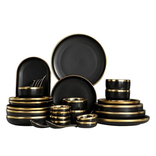 geschirrset Schwarze Porzellan-Teller, Küchengeschirr, Keramik-Geschirr, Essenstablett, Reis, Salat, Nudeln, Schüssel, Besteck-Set(Set E(42pcs)) von HNULGVI