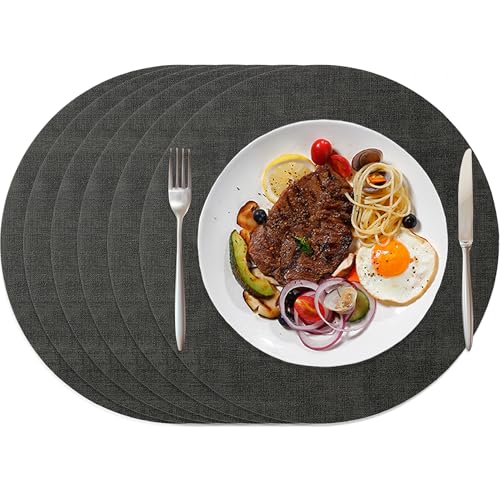 HNVNER Tischsets Rund Schwarz Leder 6er, Platzsets Abwaschbar 33x33cm, Platzdeckchen Doppelseitigen Hitzebeständig rutschfest Lederoptik Kunstleder Platzset von HNVNER