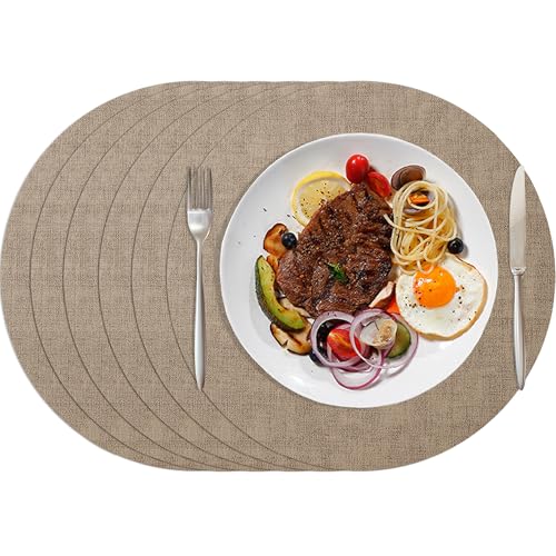 HNVNER Tischsets Platzsets Abwaschbar 6er, 33x33 cm Platzdeckchen Platzset Rund Tischset Leder Doppelseitigen Hitzebeständig rutschfest Lederoptik tischset Kunstleder, Kaffeefarben von HNVNER