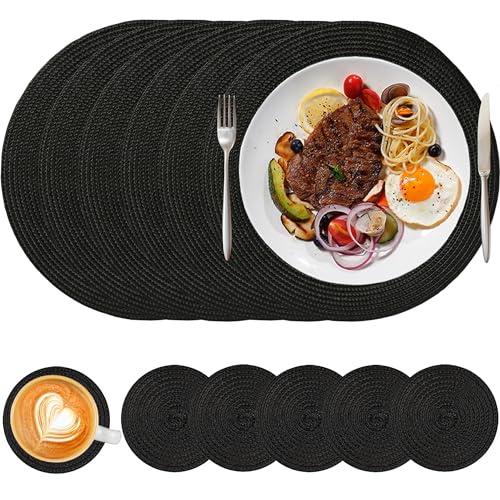 HNVNER Tischset Platzset Rund Schwarz, 32cm Tischsets Abwaschbar 6er Set Platzsets mit Untersetzer, Hitzebeständig, Platzdeckchen für Küche von HNVNER