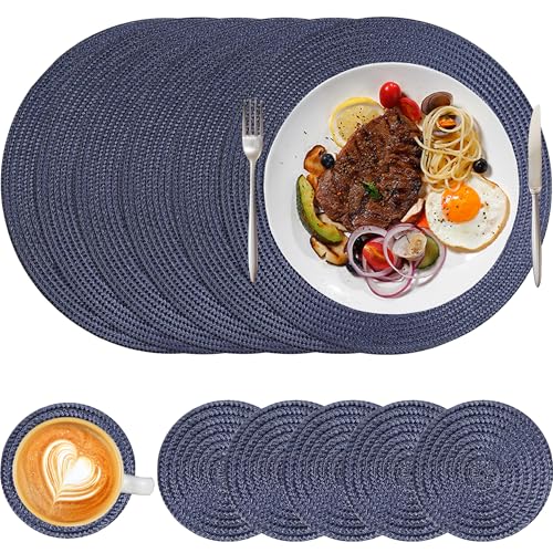 HNVNER Tischsets Platzsets Abwaschbar 6er Set mit Untersetzer, 32cm Tischset Platzset Rund Hitzebeständig Platzdeckchen für Küche, Blau von HNVNER