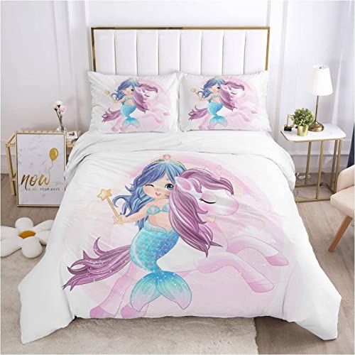 HNWDC Bettbezug Set Meerjungfrau Thema Mehrfarbig, Weiche GebüRstet Mikrofaser Bettwäsche 140x200 mit ReißVerschluss und 2 Kissenbezug 80x80 cm von HNWDC