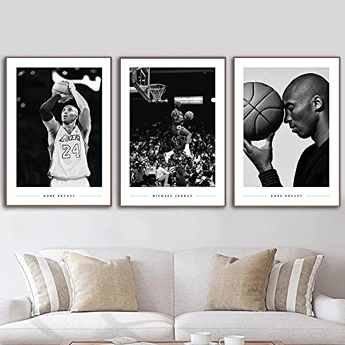 HNZKly Kobe Bryant Michael Jordan Wand Bilder BerüHmte Basketball Star Poster Schwarz Weiß Kunstdruckt Sport Leinwand GemäLde Sportler Bild Jungen Zimmer Dekor 40x55cmx3 Ohne Rahmen von HNZKly