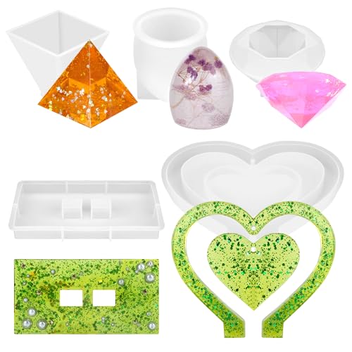 5 Stück Harz Formen, Epoxidharz Formen, Resin Silikonform, Pyramide, Eiförmig, Diamant-Modell, Herz-Set, für DIY Basteln von HO-SFSM