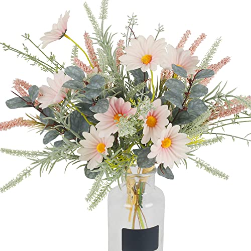 HO2NLE 2 Bündel künstliche Gänseblümchen, künstliche Frühlingsblumen, Eukalyptusblätter, Blumenstrauß, Seidenblumen, Arrangements für Zuhause, Innenvase, Tischdekoration, Partydekoration (Rosa) von HO2NLE