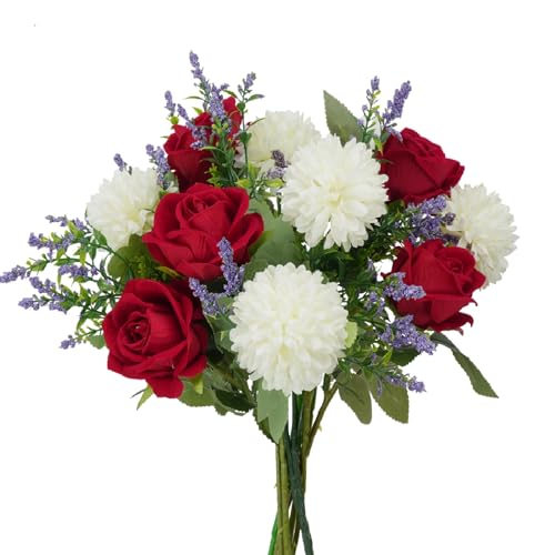 HO2NLE Künstlicher Blumenstrauß mit roten Rosen, Chrysanthemen, Seide, Blumenarrangements für Zuhause, Muttertag, Friedhof, Grabschmuck, Gedenktag, Hochzeitsdekoration, 30,5 cm von HO2NLE