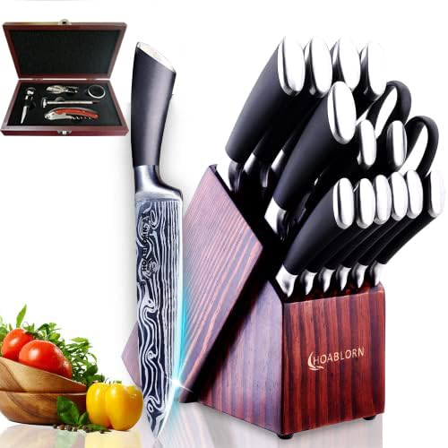 HOABLORN 15-TLG Messerblock Set mit Holzblock, Selbstschärfend für Kochmesserset, Edelstahl Messerset Profi Küchenmesserset Gut für Zuhause, Koch (15-piece Knife Block Set) von HOABLORN