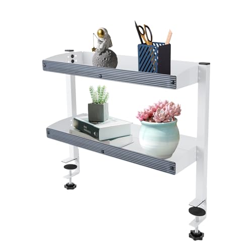 HOARLICN Klemmregal Schreibtisch, 2 Ebene Klemmbare Schreibtisch-Organizer Ltischregal Table-Top Shelf mit Erhöhtes Geländer für Schlafzimmern, Wohnzimmern Tragfähigkeit Jede Ebene 10kg (Weiß) von HOARLICN