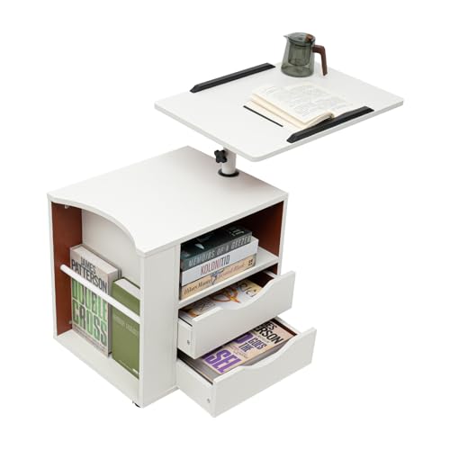 HOARLICN Multifunktionales Bücherregal mit Schubladen, Nachttisch m it Ladefunktion Funktioneller Drehbarer Nachttisch mit Räder mit Verstellbare Tischplatte Buchstopper für Laptoptisch, Sofatisch von HOARLICN