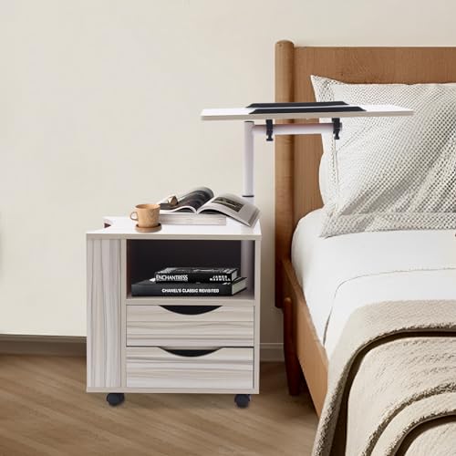 HOARLICN Nachttische Schlafzimmer, Nachtschränkchen Mobil Drehbarer Nachttisch Mit 2 Schubladen, Rädern Und Offenem Regal Drehbar Tischplatte Ausziehbarer Nachtschrank Für Wohnzimmer von HOARLICN