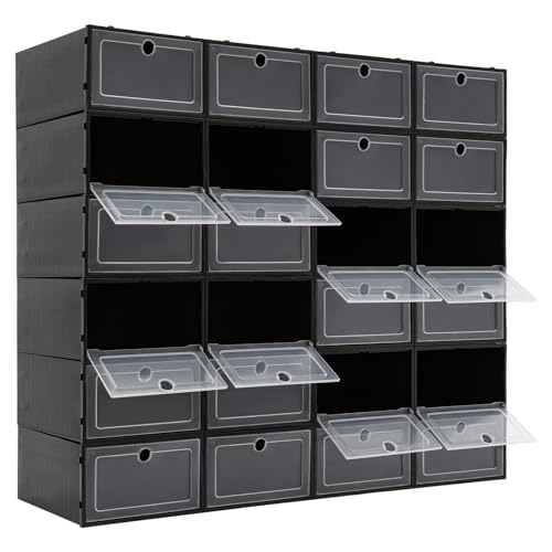HOARLICN Schuhboxen Stapelbar, Schuhkarton Schuhregal Mit Türen 33 X 23 X 14 Cm 24 Stück In Einem Set Stapelbares Design Mit Klarer Flip-Deckel Rundes Loch Kann Schuhwerk Aufbewahren (Schwarz) von HOARLICN