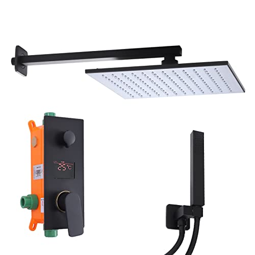 HOARLICN Schwarz Unterputz Duschsystem, LED Regendusche Kopfbrause Bad Mit 30 X 30 Eckigem Brausekopf Aus Edelstahl Und Messing Regenbrause Armatur System Mit Handbrause Aus Metall von HOARLICN