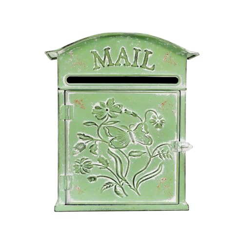 HOARLICN Vintage Außen Briefkästen, Postfach Wandhalterung Vintage Postfach Schmetterling Blumen Muster Postkasten Mounted Decorative Metal Mailbox Für Wände Tore Garagen Grün von HOARLICN