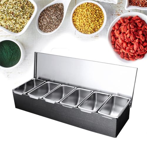 HOARLICN Zutatenbehälter Edelstahl, 6 Einsätze Beilagenbehälter Edelstahl Gewürzbox Gastronomie Obstbox Aufbewahrung mit Abdeckungen Zutatenbox Barbehälter HOARLICN Zutatenbehälter Edelstahl, 6 Einsätze Beilagenbehälter Edelstahl Gewürzbox Gastronomie Obstbox Aufbewahrung mit Abdeckungen Zutatenbox Barbehälter von HOARLICN