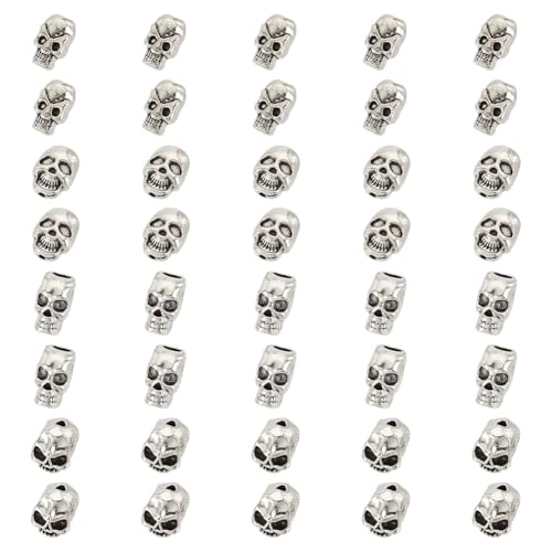HOBBIESAY 40 Stück 4 Stile Antike Silberne Totenkopfperlen 8-12mm Totenkopfperlen Im Tibetischen Stil Legierung Totenkopf Lose Abstandsperlen Totenkopfkopfperlen Loch: 1.5-4mm von HOBBIESAY