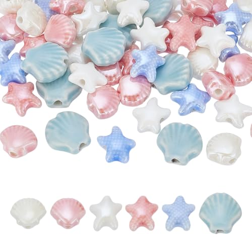 HOBBIESAY 60 Stück 10 Stile Porzellan Muschelperlen Keramikperlen In Muschelform Handgefertigt Süße Muschelperle Bunte Muschel Abstandsperle Für Armbänder Halsketten Schmuckherstellung Loch:1.8-2mm von HOBBIESAY