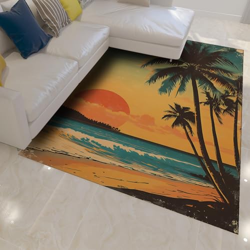 Beach Sunset Throw Teppich 100 x 150 cm Tropische Palme Ocean Waves Print Waschbare Weiche Dünne Fußmatten Für Wohnzimmer Lounge Hotel von HOBBOY