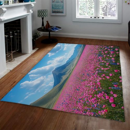 Blühende Blumenfeld Bereich Teppiche Blauer Himmel Frühling Blumenszene Druck Teppich für Wohnzimmer Schlafzimmer Terrasse rutschfeste dünne Türmatte 210 x 240 cm von HOBBOY