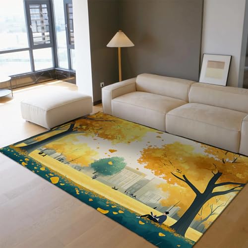 College-Stil Bereich Teppich 150 x 210 cm Herbst Gelb und Grün Bäume Landschaft Waschbar Gemütliche Dünne Türmatten für Wohnheim Lounge Tragbar Faltbar von HOBBOY