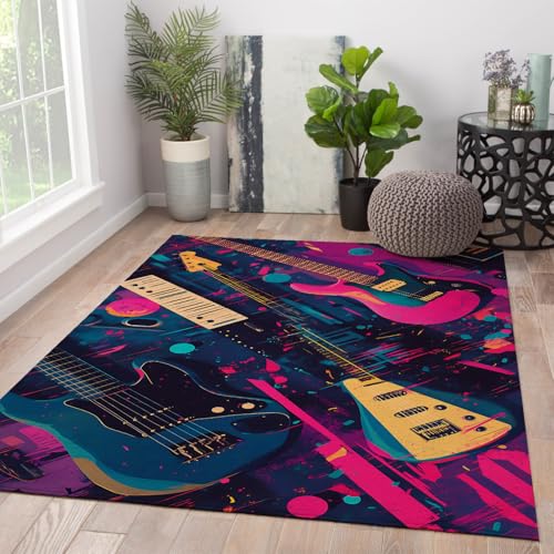 Gitarre Muster Bereich Teppiche Vibrant Graffiti Rutschfester Teppich Hip Hop Stil Musik Thema Waschbarer Teppich für Schlafzimmer Wohnzimmer Spielzimmer 150 x 240 cm von HOBBOY