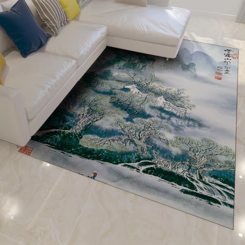 HOBBOY 120 x 150 cm Teppiche Moderne Ästhetik Land Bauernhaus Bewölkte Berglandschaft Waschbare Dünne Fußmatten für Wohnzimmer Flur von HOBBOY