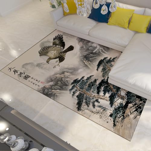 HOBBOY 50 x 80 cm Area Teppiche Chinesische Tinte Wash Style Mountain Eagle Pine Tree Muster Waschbare niedrigflorige Fußmatten für Wohnzimmer Büro von HOBBOY