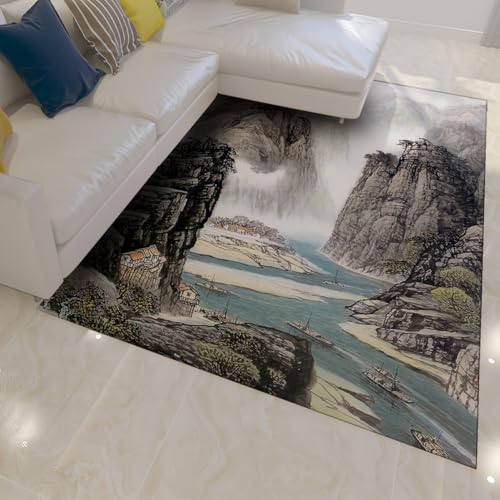 HOBBOY 80 x 120 cm Teppiche Orientalische Gemälde Flussufer Bauernhaus und Berglandschaft Waschbare niedrigflorige Fußmatten für Wohnzimmer Schlafzimmer HOBBOY 80 x 120 cm Teppiche Orientalische Gemälde Flussufer Bauernhaus und Berglandschaft Waschbare niedrigflorige Fußmatten für Wohnzimmer Schlafzimmer von HOBBOY