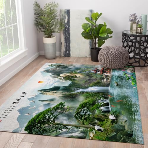 HOBBOY Alte Architektur Bereich Teppiche 100 x 200 cm - Chinesische Tusche Malerei Lotus Teich Weiße Kraniche Druck Dünner Teppich für Wohnzimmer Arbeitszimmer Büro von HOBBOY