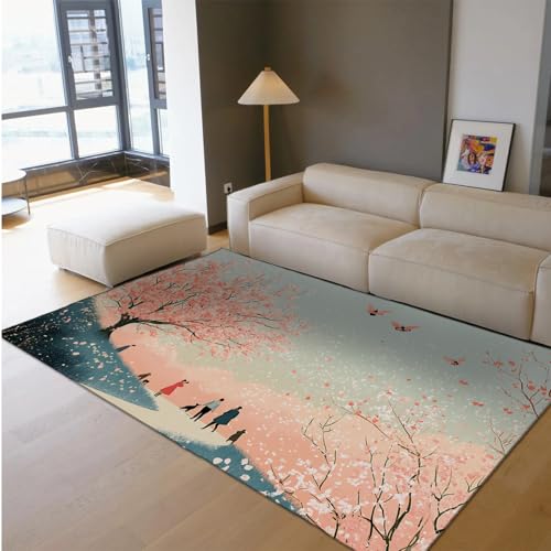 HOBBOY Anime Stil Boden Teppich Romantik Frühling Landschaft Blumen Bäume Touristen Druck Dünne Abwaschbare Teppiche für Wohn Esszimmer Spielzimmer 60 x 100 cm von HOBBOY