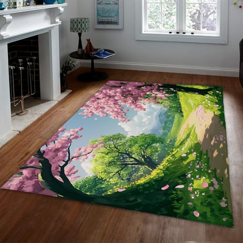 HOBBOY Anime Stil Dünner Bereich Teppich Fantasie Kirschblüte Pfad Grün Wald Wiese Waschbare Anti Rutsch Teppiche für Kinderzimmer Spielzimmer 160 x 230 cm von HOBBOY