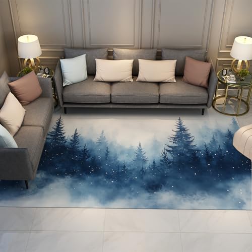 HOBBOY Aquarell Stil Teppich Dunkelblau Kiefer Wald Winter Schneeflocken Design rutschfeste Dünne Fläche Teppiche für Wohnzimmer Arbeitszimmer Büro Eingang 180 x 270 cm von HOBBOY