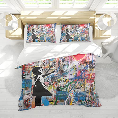 HOBBOY Banksy Graffiti-Bettwäsche, Bettbezug-Sets, süßes Mädchen- und Ballonmuster, Bettwäsche-Sets, 3-teilig, weiche, atmungsaktive Mikrofaser-Bettbezug-Sets 140x200 cm von HOBBOY