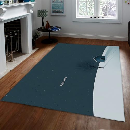 HOBBOY Blauer Sternen-Nacht-Teppich 210 x 240 cm nordischer Stil Minimalismus Bäume und Kabinendruck dünner Teppich für Küche Wohn-Esszimmer Flur von HOBBOY