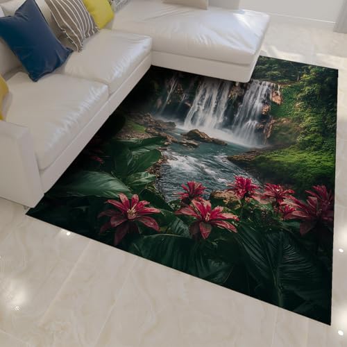 HOBBOY Blumen Botanische Bereich Teppiche Mystischer Bergwald Wasserfall Muster Bodenmatte Dünner Teppich zur Entspannung Meditationsräume 160 x 230 cm von HOBBOY