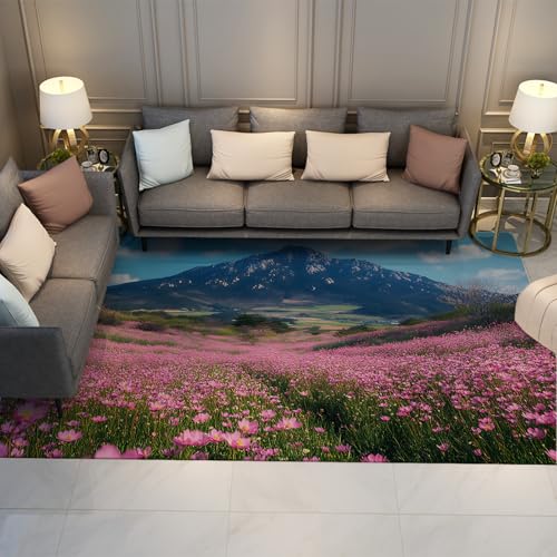 HOBBOY Blumenfeld dünner Teppich rosa Blütental und Berglandschaft rutschfeste Teppiche für Wohnzimmer Schlafzimmer Reisestil Wohnkultur 180 x 210 cm von HOBBOY