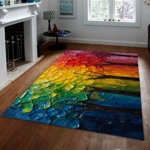 HOBBOY Bunte Pinselstrich Teppiche Aquarell Kunst Abstrakter Wald Druck Fußmatten Moderner dünner Teppich für Schlafzimmer Wohnzimmer Büro Studio 120 x 180 cm von HOBBOY